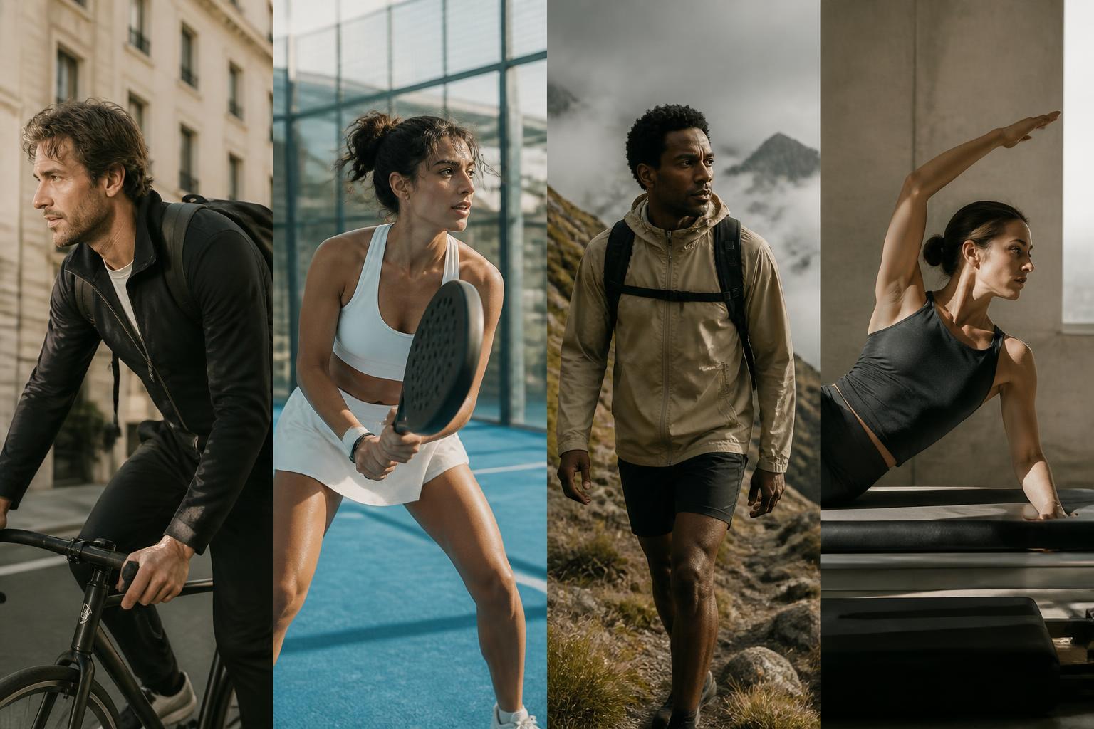 Active people cycling, playing padel, hiking and practicing Pilates